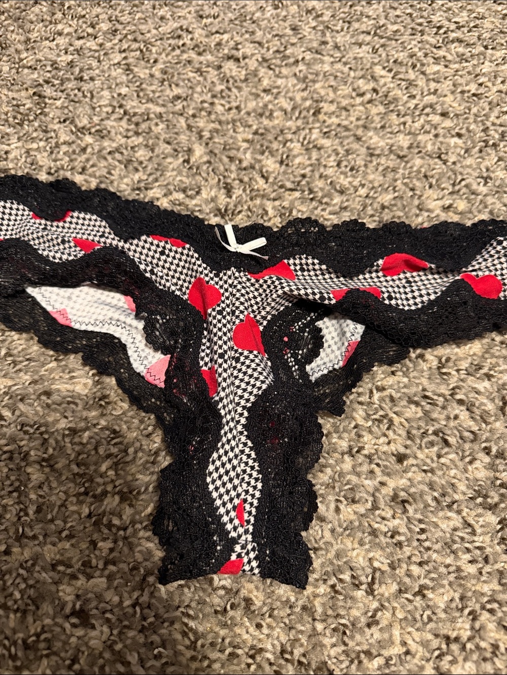 Victoria's Secret Black Houndstooth Thong with Red Hearts